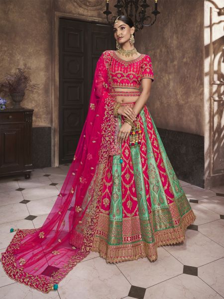 Green & Pink Silk Zari Enhanced Wedding Lehenga Choli