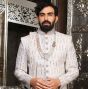 White Groom Mirror Work Sherwani In Silk